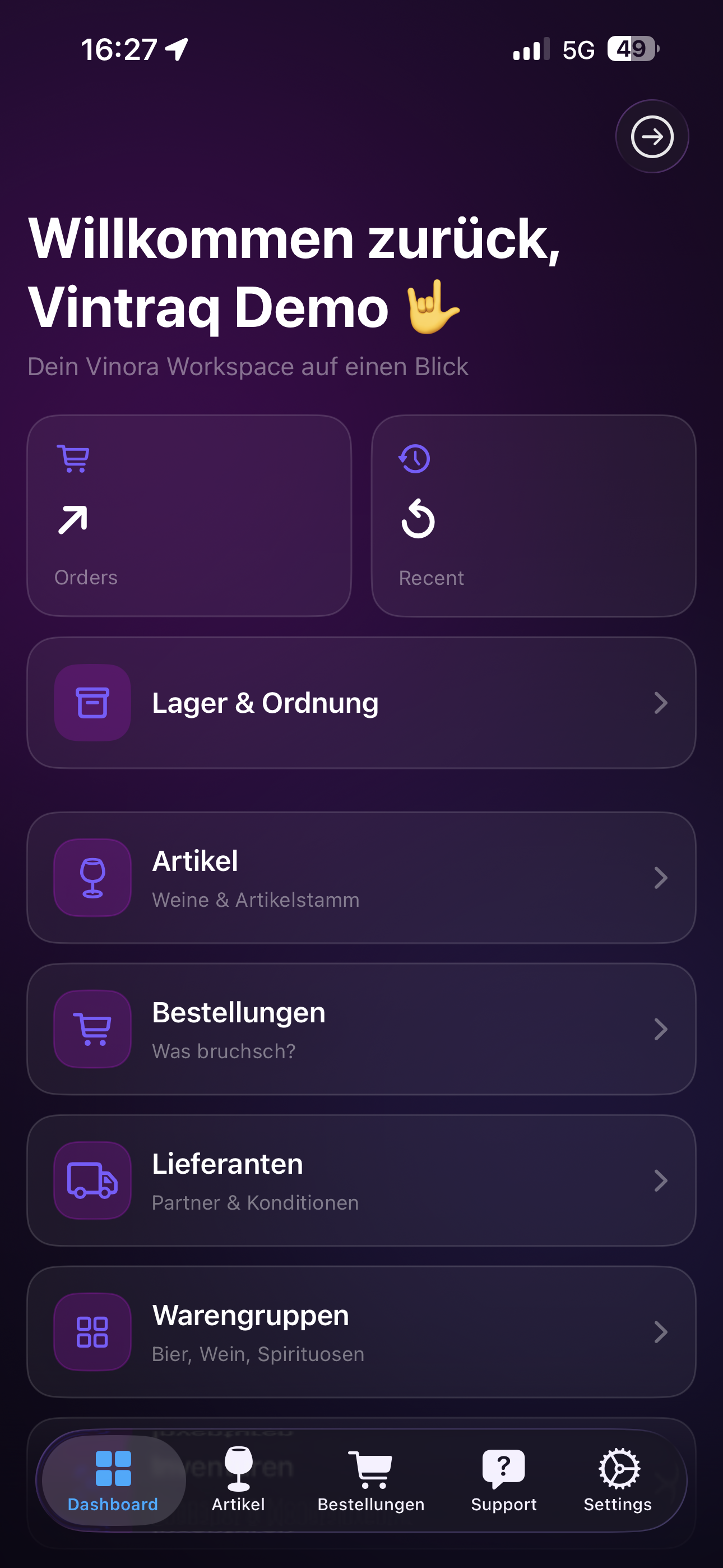Vinora Dashboard für Bestellungen und Inventur in der Gastronomie