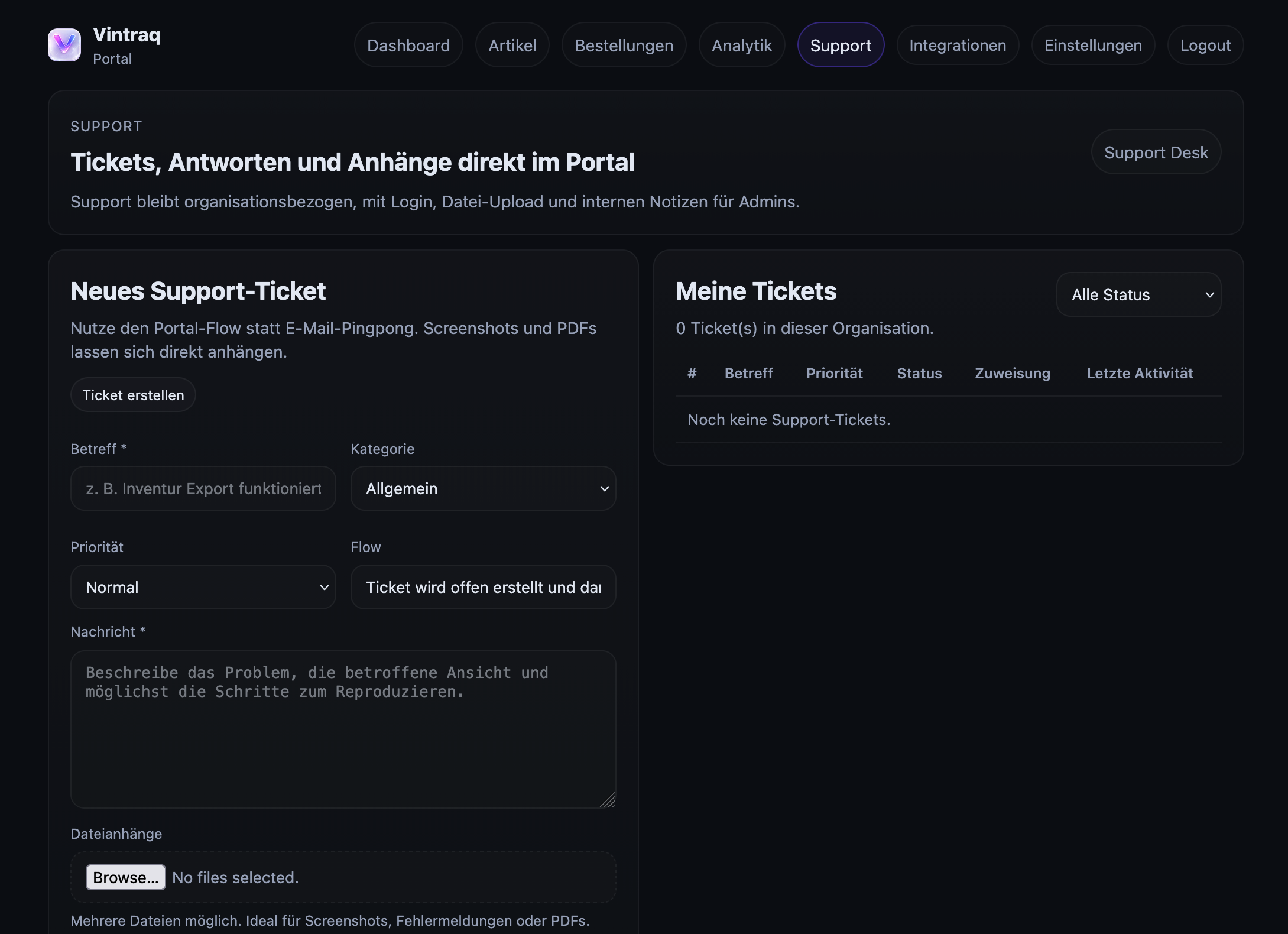 Support Bereich im Vinora Portal
